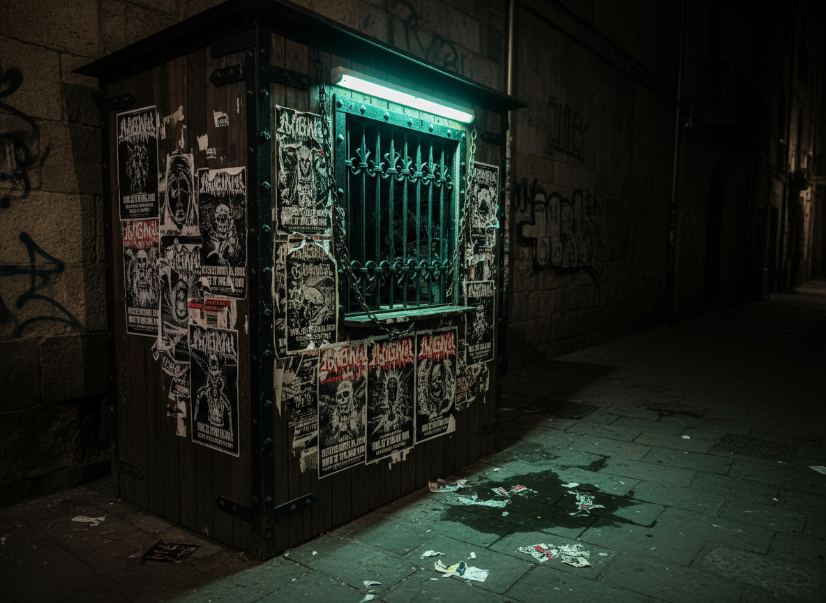 An ominous festival ticket booth set inside a narrow Barcelona alleyway at night, built from dark, weathered wood reinforced with black metal brackets and chains. The booth window is guarded by a heavy, wrought-iron grille, and its surface is covered with layered, torn posters advertising extreme metal bands, each artwork featuring skulls, war imagery, and chaotic typography. A single flickering fluorescent tube above the window spills cold, greenish light onto the damp stone pavement, reflecting off puddles and discarded flyers. Photographed from a slightly elevated, three-quarter angle, the scene has strong contrast and deep shadows, creating a gritty, clandestine mood, as if discovering a hidden entrance to a forbidden underground festival.